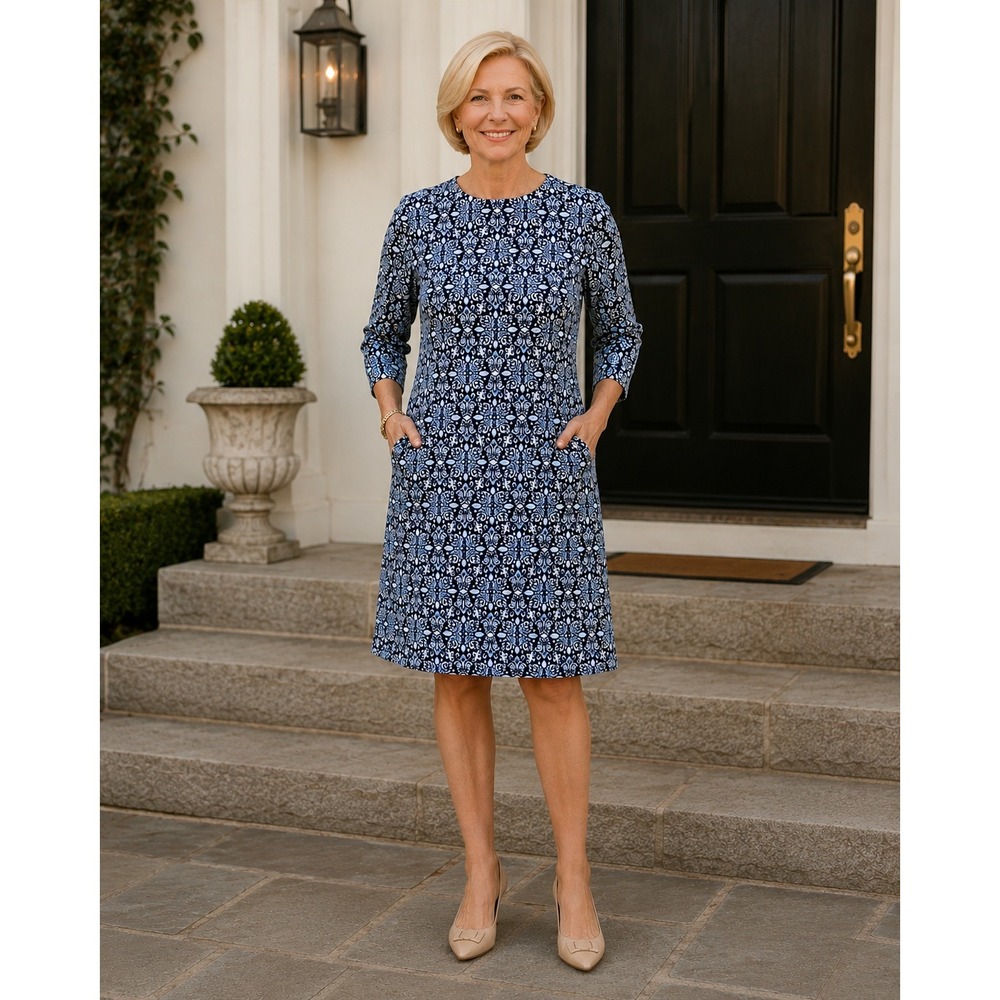 J. McLaughlin Catalyst 3/4 Sleeve‎ Crew Neck Catalina Cloth Dress Blue Medallion